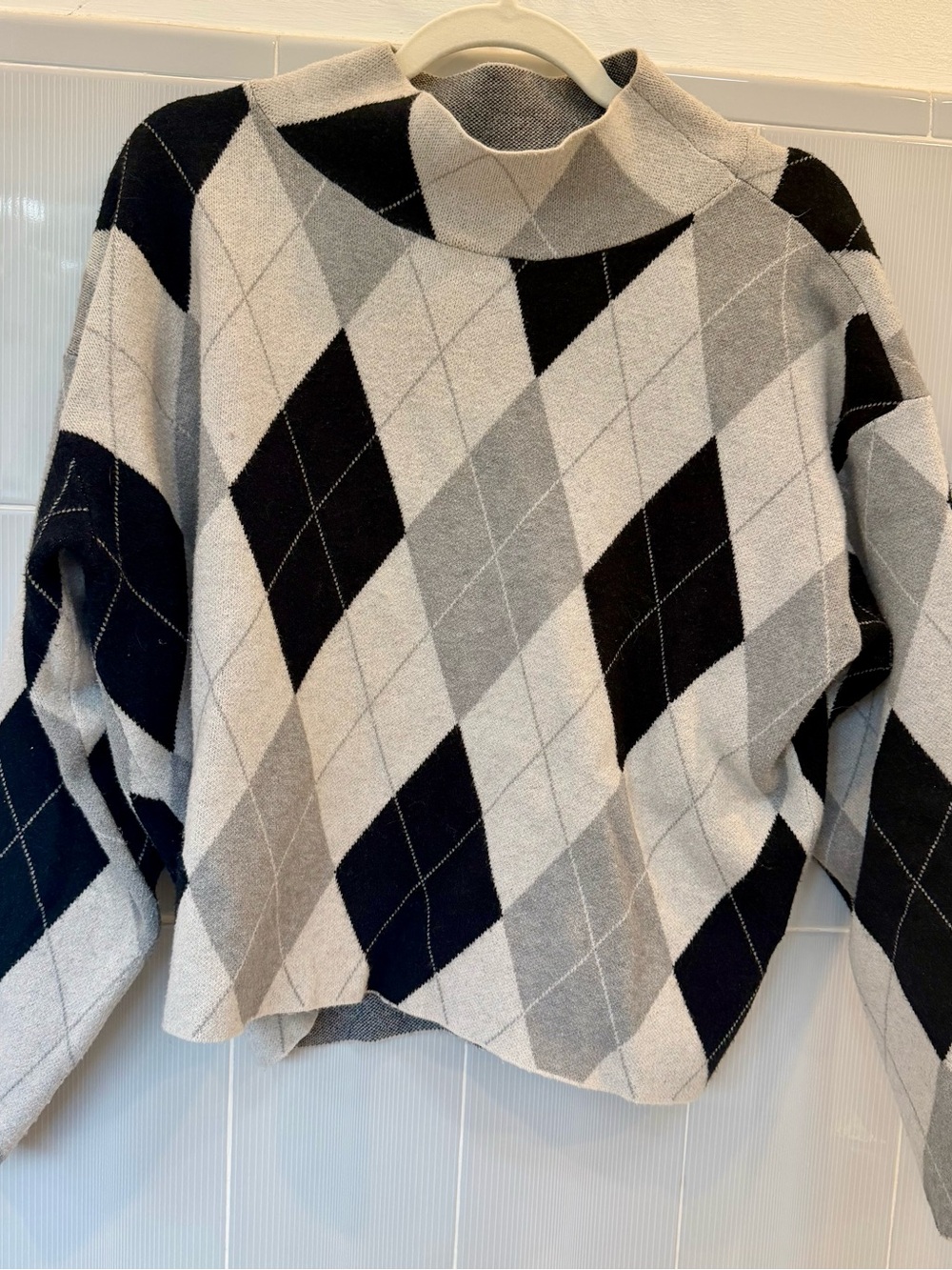 Anthropologie Maeve Black, Gray & Cream Argyle Mock-Neck Sweater